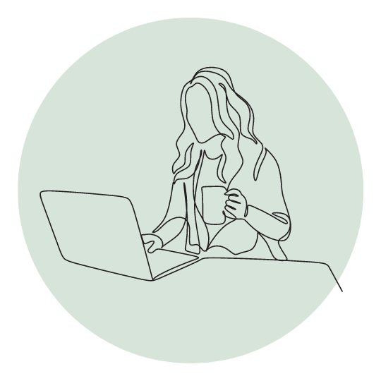 Lin eArt Illustration einer Frau, die mit einer Tasse vor einem Laptop sitzt auf hellgrünem Kreis