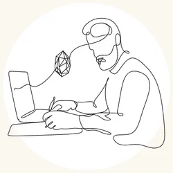 Newsletter Arbeitsorga Line Art Illustration eines Mannes an einem Laptop und zwischen Mann und Laptab besteht eine Verbindung, wie ein Fadenknäuel, dass in der Luft schwebt