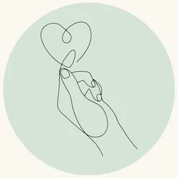 Newsletter Einblicke Line Art Illustration einer Hand, die ein Herz zwischen Daumen und Zeigefinger hochhält