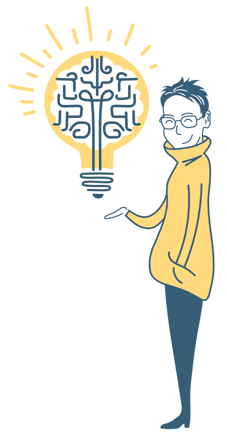 Antonia Ludwig Illustration mit gelben Hoodie und Glühbirne mit Gehirnstrukturen.