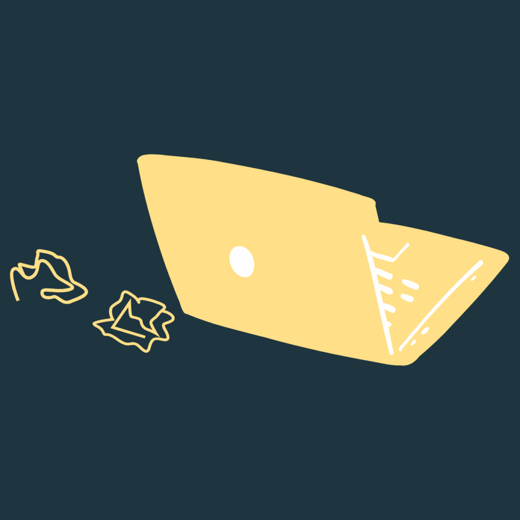 Illustration eines Laptops mit zerknülltem Papier daneben.