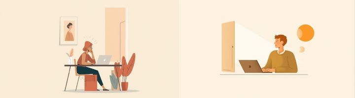 Illustration von zwei Personen im Homeoffice, jeweils am Laptop arbeitend in ruhiger, heller Umgebung.