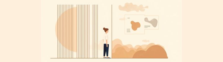 Illustration einer Person vor einer abstrakten Wand aus Linien und Formen, symbolisch für innere Barrieren, Struktur und Orientierung.