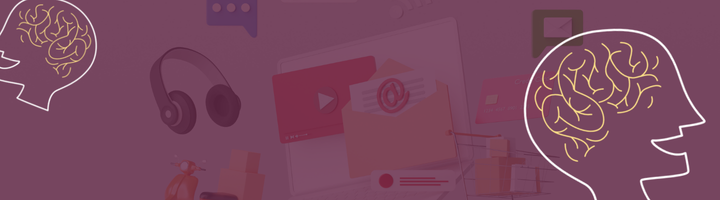 Dekoratives Banner mit zwei illustrierten Gehirn-Silhouetten und digitalen Symbolen wie Kopfhörer, Videoscreen und E-Mail auf lila Hintergrund.