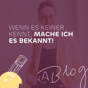 Beitragsbild zum Blogartikel „Warum ich aufgehört habe, um Job Crafting herumzureden" von Antonia Ludwig – Portrait mit lila Farbüberlagerung, Zitat „Wenn es keiner kennt, mache ich es bekannt!", illustrierter Bleistift mit gelbem Farbklecks und Antonia-Ludwig-Logo.