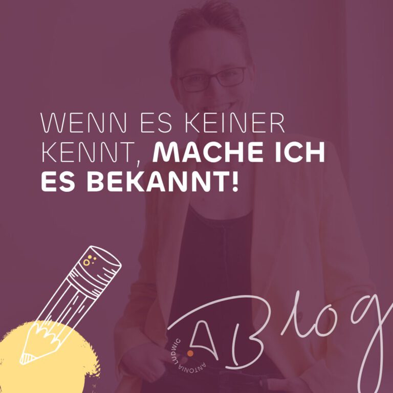Beitragsbild zum Blogartikel „Warum ich aufgehört habe, um Job Crafting herumzureden" von Antonia Ludwig – Portrait mit lila Farbüberlagerung, Zitat „Wenn es keiner kennt, mache ich es bekannt!", illustrierter Bleistift mit gelbem Farbklecks und Antonia-Ludwig-Logo.