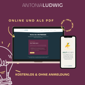 Werbegrafik zum MUTWEISER: Laptop- und Smartphone-Mockup zeigen die Landingpage und die PDF-Version, mit den Hinweisen 'Online und als PDF' sowie 'Kostenlos & ohne Anmeldung'.