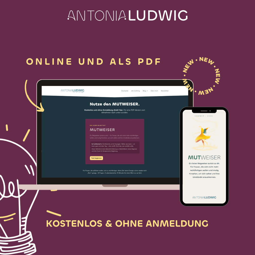 Werbegrafik zum MUTWEISER: Laptop- und Smartphone-Mockup zeigen die Landingpage und die PDF-Version, mit den Hinweisen 'Online und als PDF' sowie 'Kostenlos & ohne Anmeldung'.